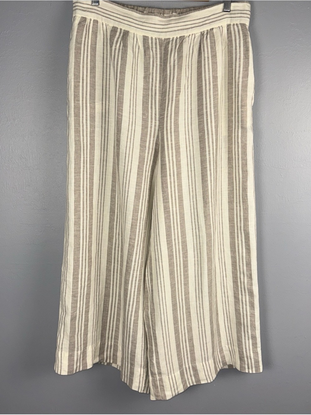 Lou & Grey LOFT Pants Large Beige 100% Linen Stripe Cropped Wide Leg High Rise